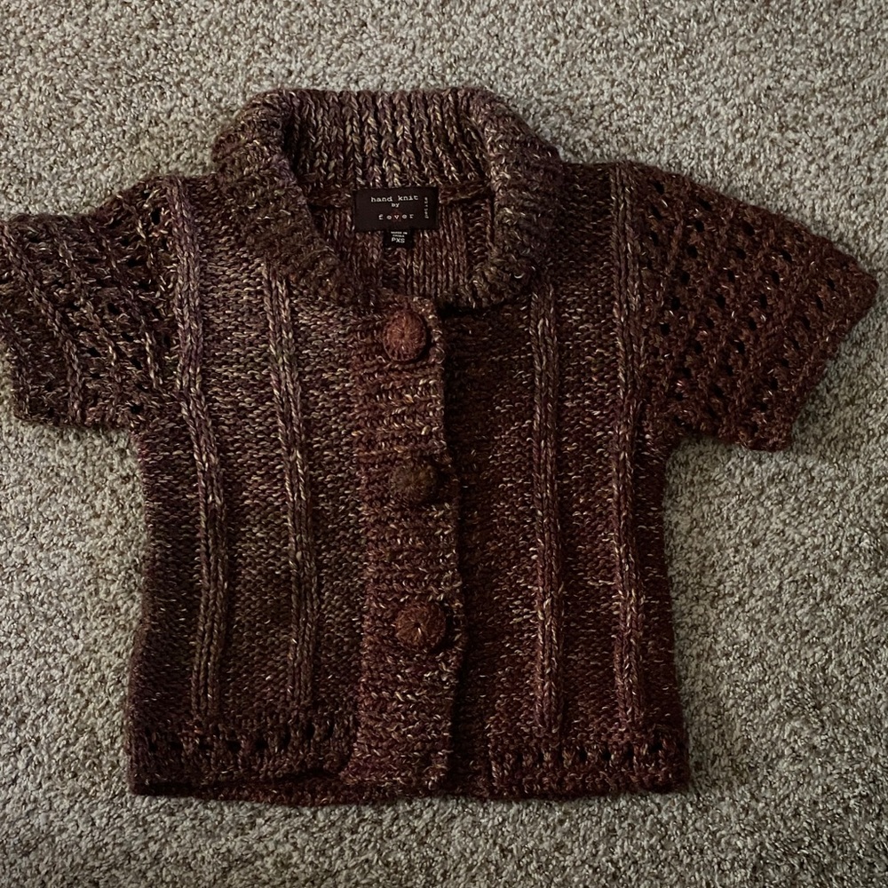 Vintage Chunky Brown Short-Sleeve Knit Cardigan